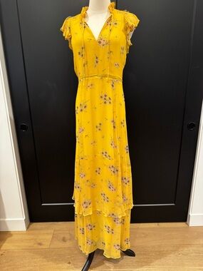 Ivy & Oak Yellow Floral Maxi Dress Ruffle Cap Sleeves Feminine Bohemian Size 8
